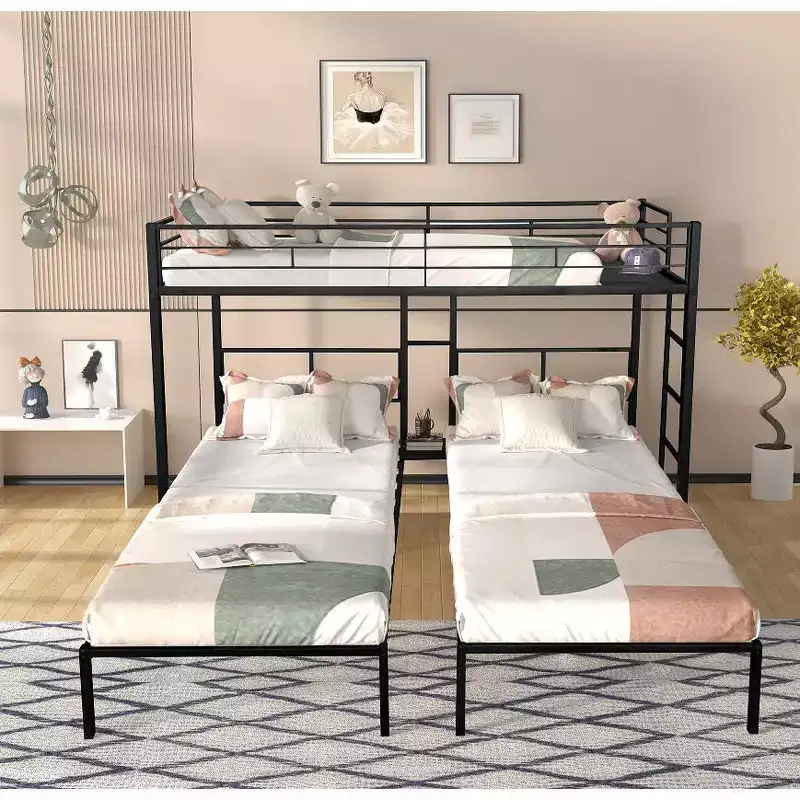 Twin Over Twin Triple Bunk Beds for 3 Kids, Metal with Wood Slats & Table, Black