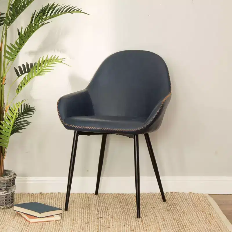 Set of 2 Mid Century Modern Vintage Leatherette Dining Armchair Navy Blue - Glitzhome: Upholstered, Steel Frame, Comfort Padding