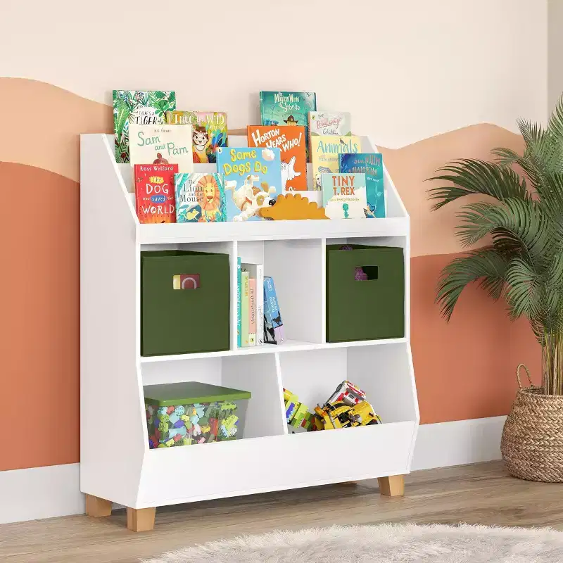 RiverRidge Kids' CatchAll 35 Toy Organizer with Cubby Storage, Toy Storage Bins and Bookshelf White