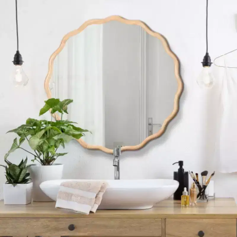 31 x 31 Solid Wood Wavy Mirror--Natural-Wood Vanity Mirror Wall Decor ,for Bedroom, Living Room, Dining Room, Cloakroom, Entryway