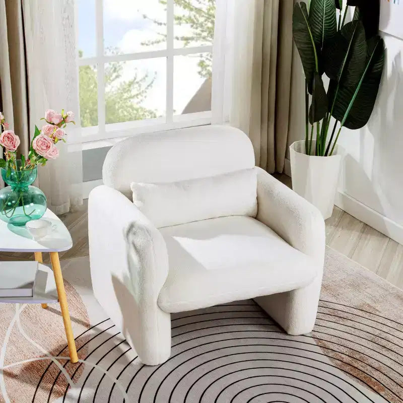 Okak Fine Minimalist Accent Chair Teddy Fleece Armchair with Cozy Soft Pillow Single Sofa Chair for Living Room Study Bedroom