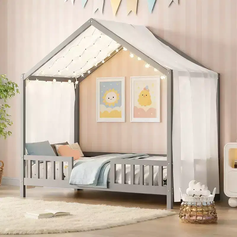 Twin Size Low House Shape Montessori Bed Frame With Curtains