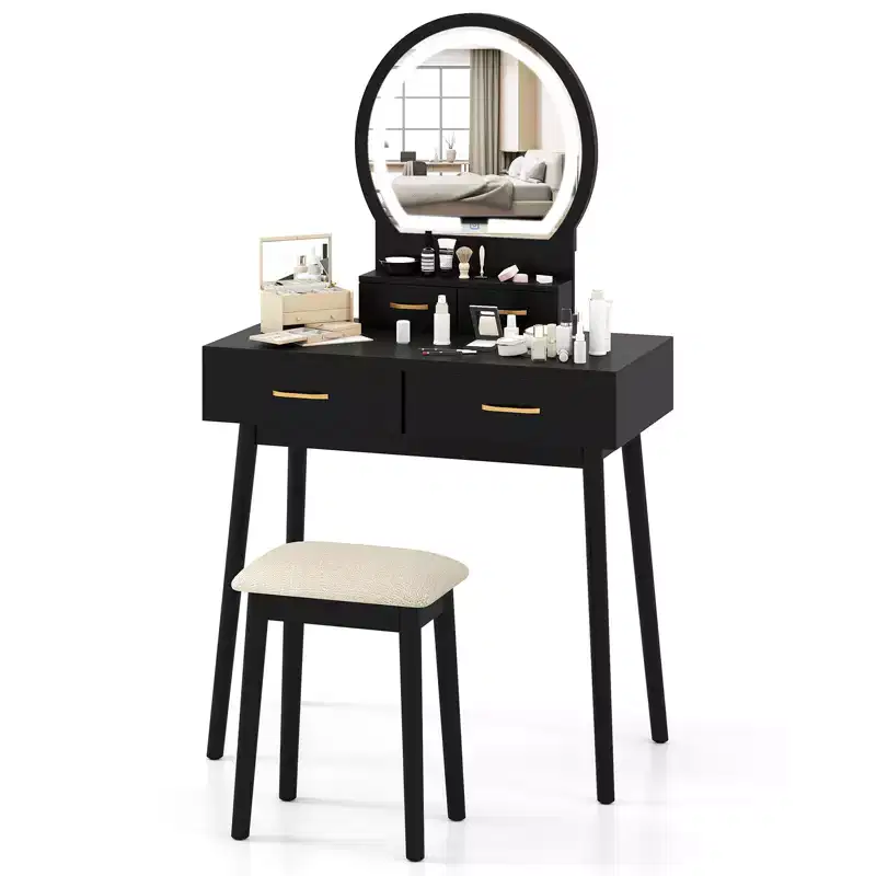 Vanity Desk with Lighted Mirror, 10 LED Bulbs and 4 Drawers for Bedroom White