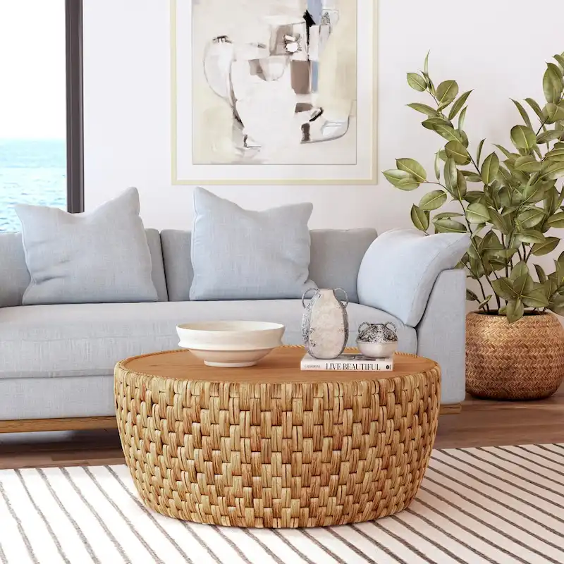 Round Rattan Drum Coffee Table