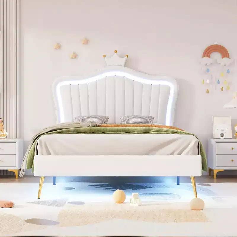 SC-1PC Twin Size Upholstered Bed Frame with LED Lights, Modern Upholstered Princess Bed With Crown Headboard White