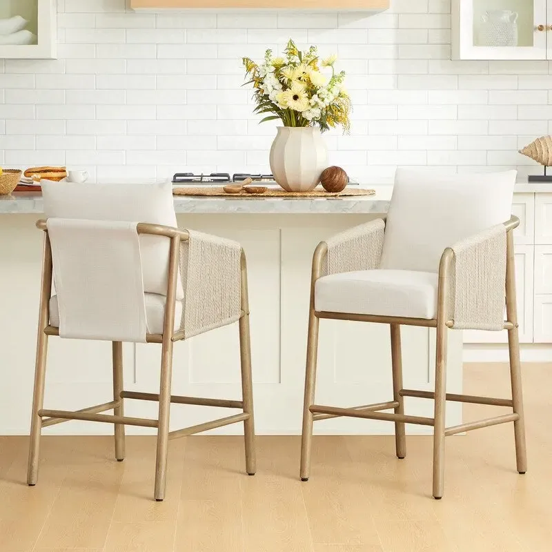 Counter Height Bar Stool with Braid Wood Arm Set of 2