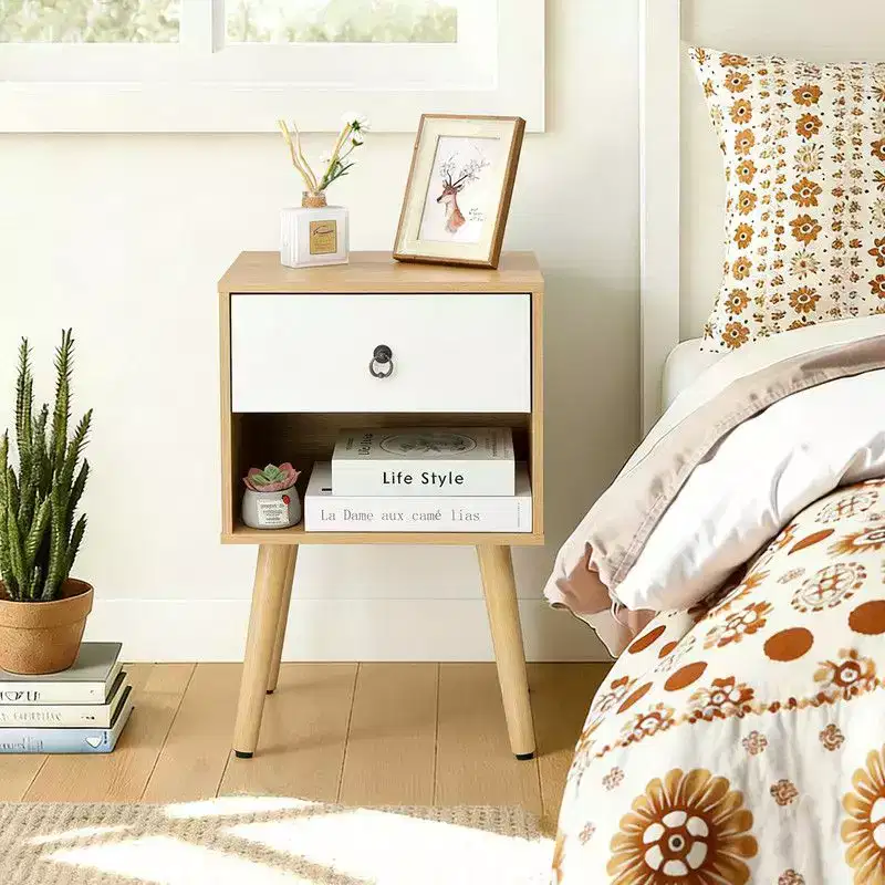 Karl Home 15.0In. White & Oak Nightstand, P2 Particleboard & Solid Legs, Matte Melamine, Ring Handle, 1 Drawer