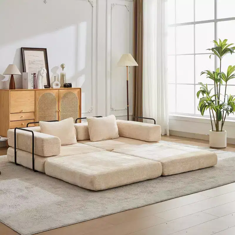 Convertible Floor Sofa Bed with Fixed-Shape Frame Loveseats Boneless Modular Sectional Chenille Fabric