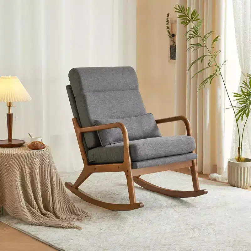 Upholstered Gray Rocking Chair, Solid Wood Rockers, 300 lb Capacity