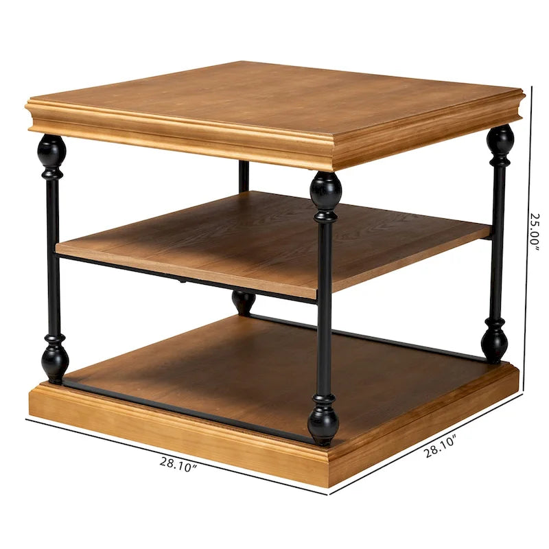 Traditional Industrial Wood and Black Metal 3-Tier End Table