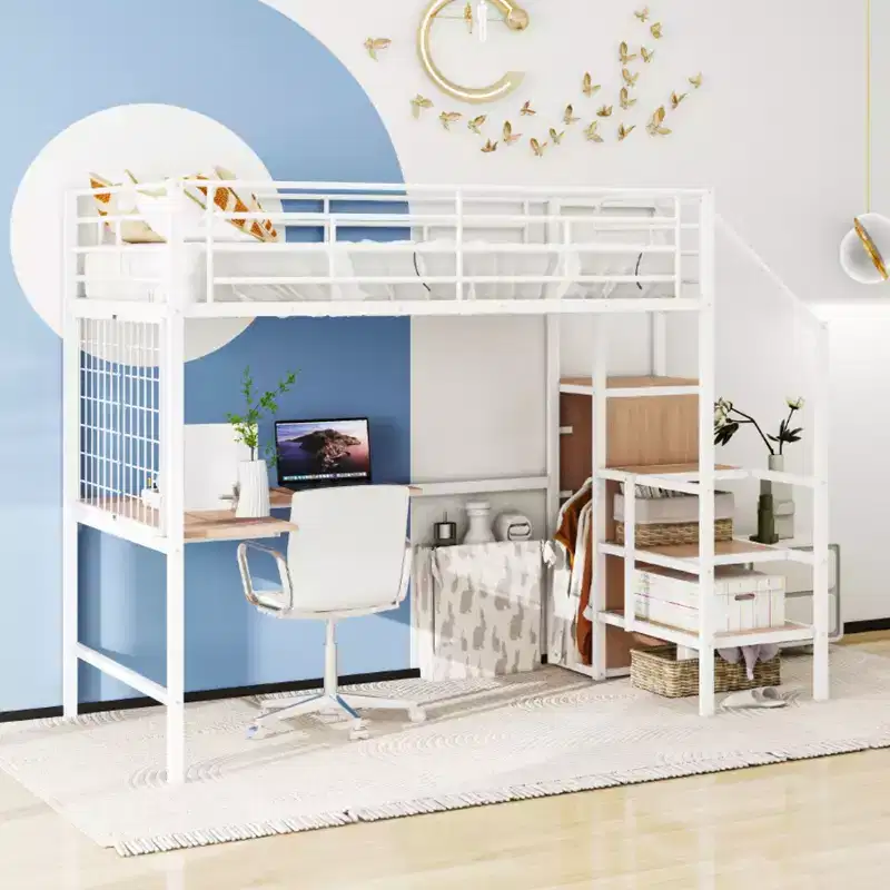 Twin/Full Size Metal Loft Bed with Desk and Metal Grid, Stylish Metal Bed Frame with Lateral Storage Ladder and Wardrobe
