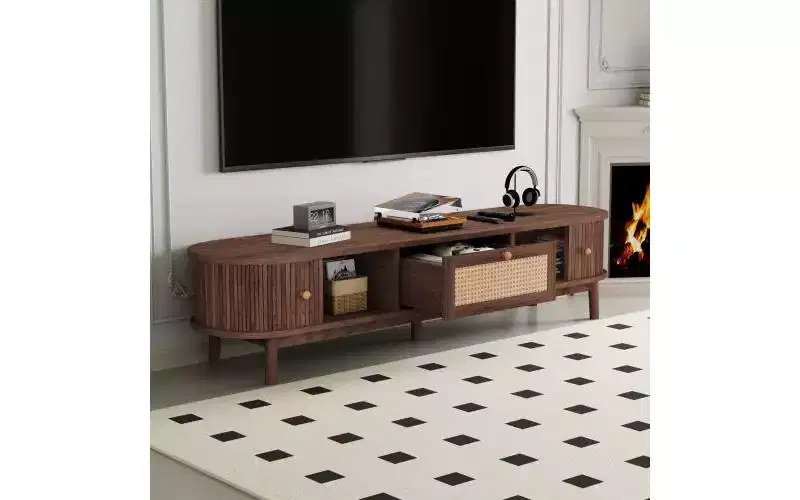 JVNOXKModern Design TV Stand for 75 TVs, Media Console TV Cabinet with Rattan-Front Drawer for Living Room, 1 Drawer and 2 Sliding-Door Cabinets