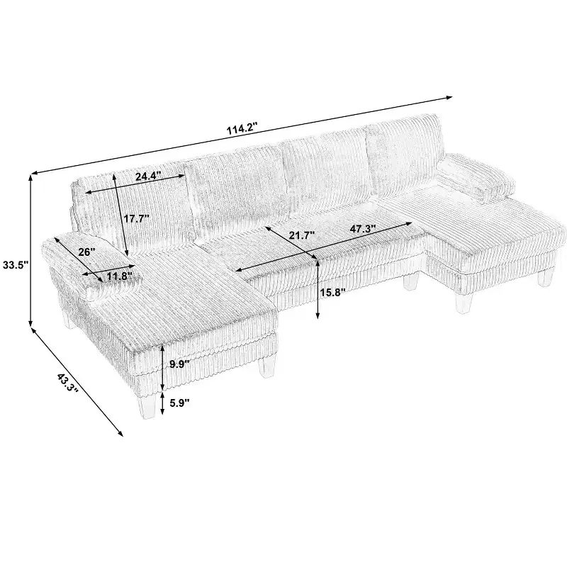 Homy Casa U-Shaped Corduroy Sectional Sofa with Double Chaise, 4-Seat Living Room Couch