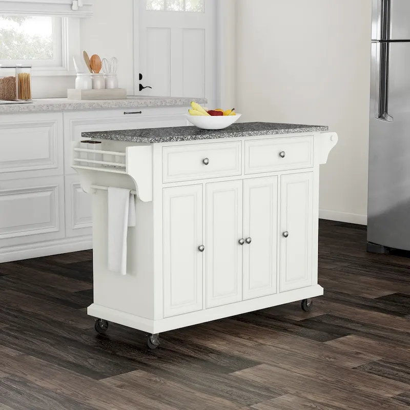 Full Size White Wood and Granite Top Kitchen Cart - 18d x 51.5w x 36h
