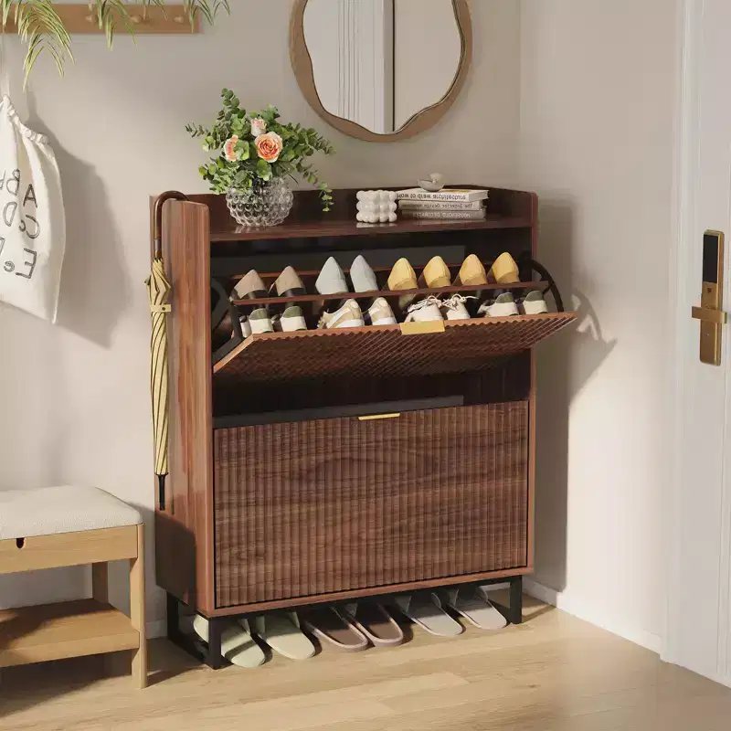 Narrow Shoe Storage Cabinet with 2 Flip Drawers, Wooden Hidden Shoe Rack Organizer for Entryway Hallway, Walnut