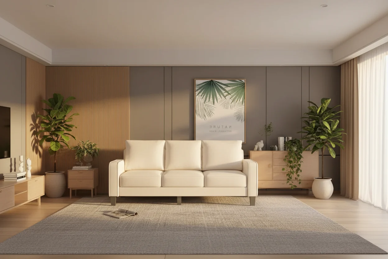 Cream 3-Seater Modern Fabric Sofa, 75