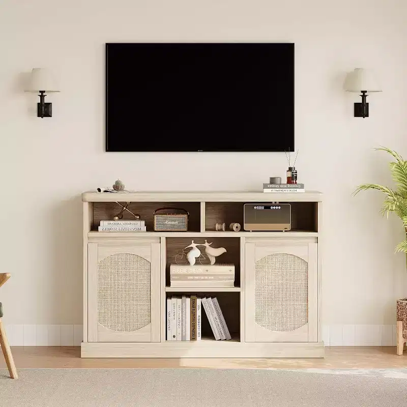 Wood & Rattan Sideboard Buffet Cabinet with 2 Doors and 3 Drawers, 51.18