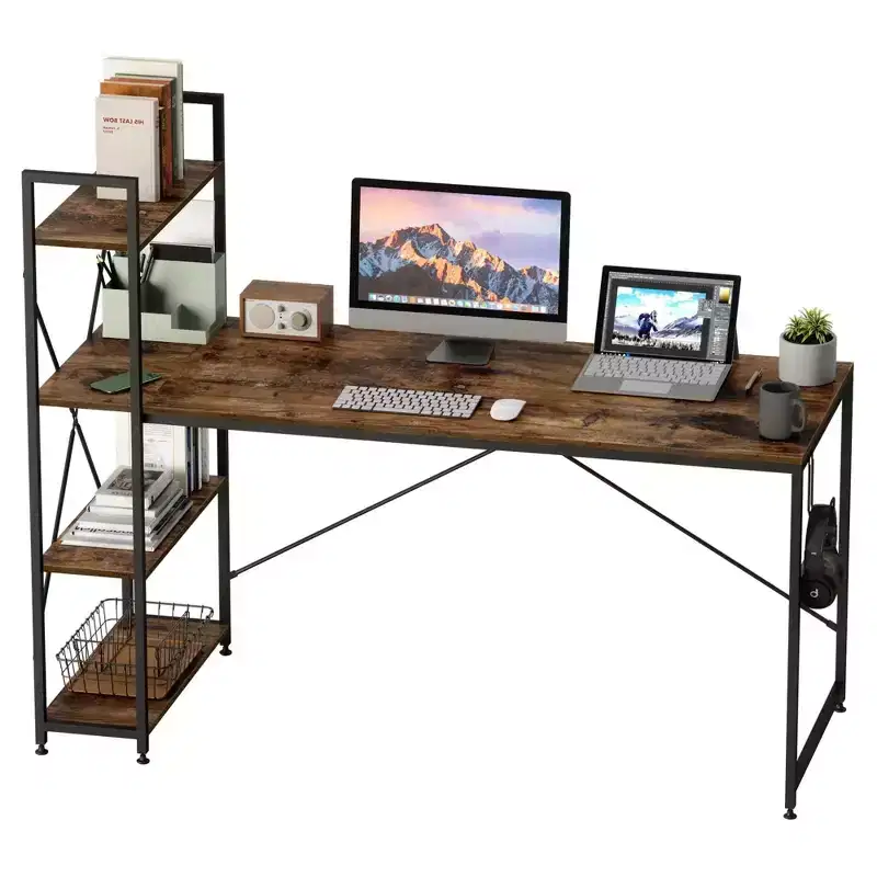 47 inch Reversible Computer Desk with Storage Shelves for Home Office in Rustic Brown
