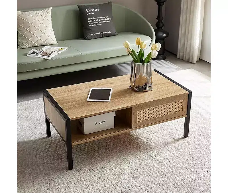 CuisinSmart Coffee Table Mid Century Rectangle Wooden Accent Table with Sliding Door Panel Open Storage Shelf and Metal Legs Sofa for Living Room