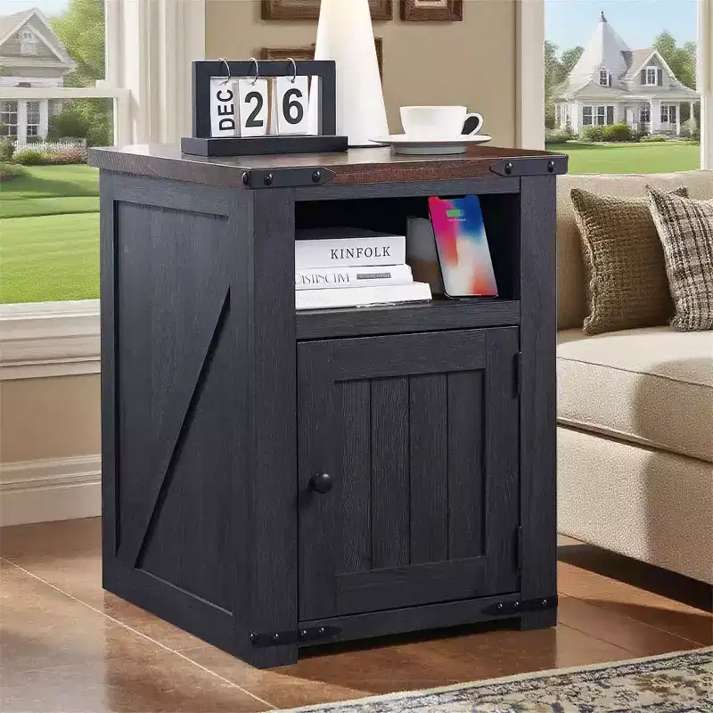 Nightstand with Charging Station, 20 Farmhouse End Table w/Groove Barn Door & Adjustable Shlef for Bedroom