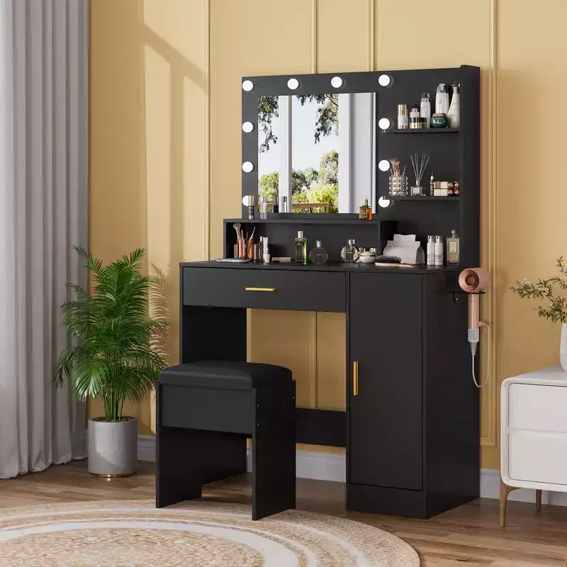 GustoWave Modern Vanity Desk with Mirror, 4-Drawer Cabinet Storage Stool Makeup Table for Bedroom Apartment