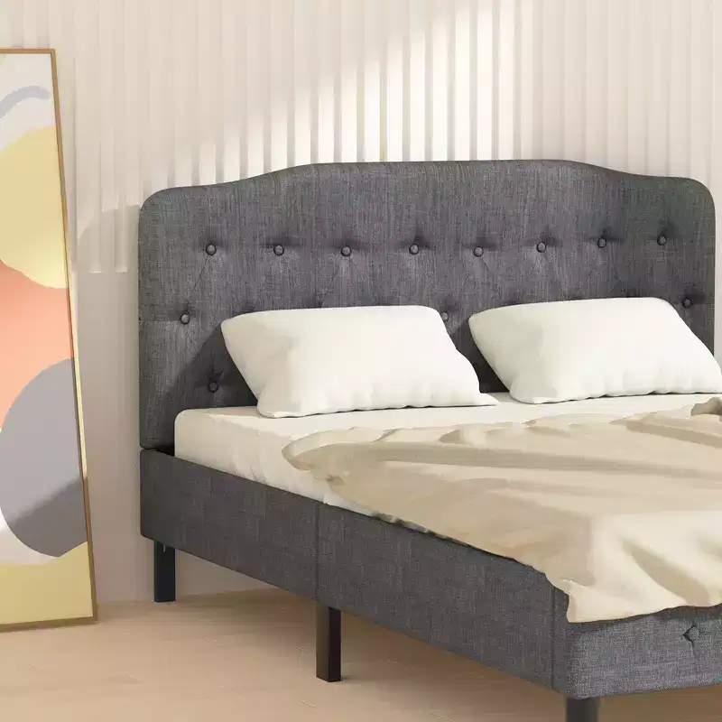Queen Upholstered Headboard Adjustable Button Tufted Faux Linen Light Grey