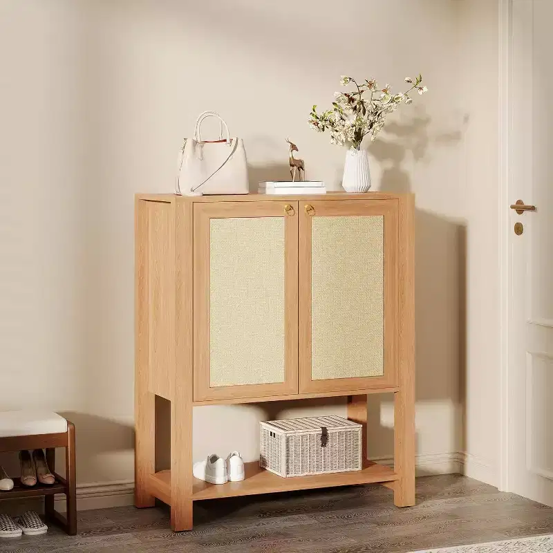 Rattan Shoe Cabinet for Entryway, 5-Tier Farmhouse Organizer Rack Narrow Shoe Storage Cabinet with 2 Doors and Open Shelf for Hallway Living Room
