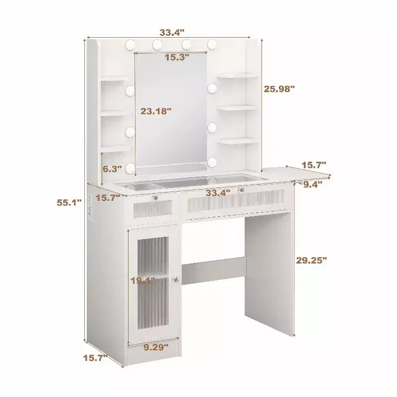 Dyonery Vanity Desk with Mirror, LED Lights and Power Outlet Makeup Vanity Table with 2 Drawers and 6 Storage Shelves Dressing Table for Bedroom