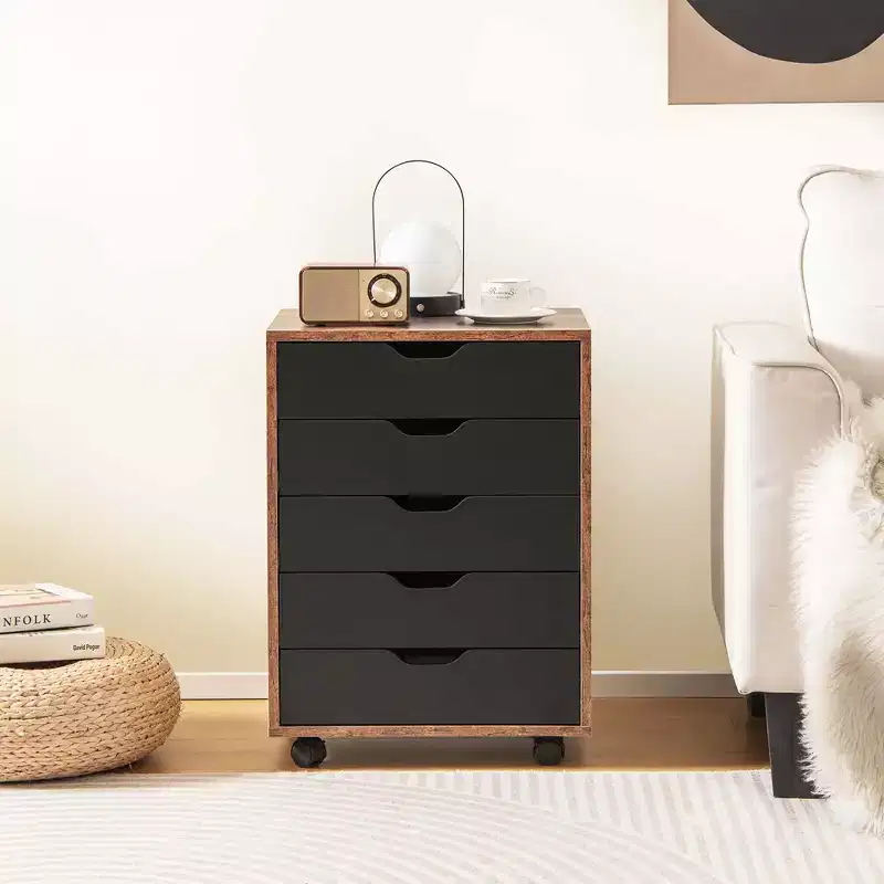 5 Drawer Chest Storage Dresser Floor Cabinet Organizer with Wheels Rustic Brown