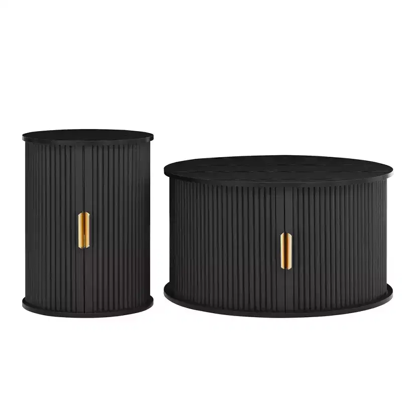 Clihome Mid-Century Round Coffee Table Set with Sliding Tambour Door Set of 2