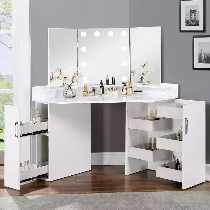 HOMES: Inside + Out Fireheart Corner Makeup Vanity Table with Mirror Set with Glam Light Bulbs White