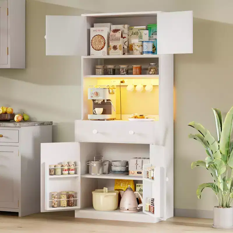 71 Inch Tall White Farmhouse Kitchen Pantry Storage Cabinet Freestanding Microwave Stand with Hutch Doors Drawers for Dining Room Furniture Addition