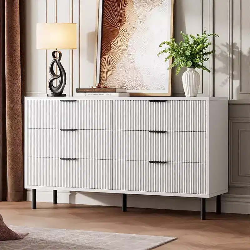 GustoWave White Fluted 6 Drawer Dresser, Wide Wood Double Dresser with Metal Legs and Handles, Modern Chest of Drawers with Anti-Tipping Design