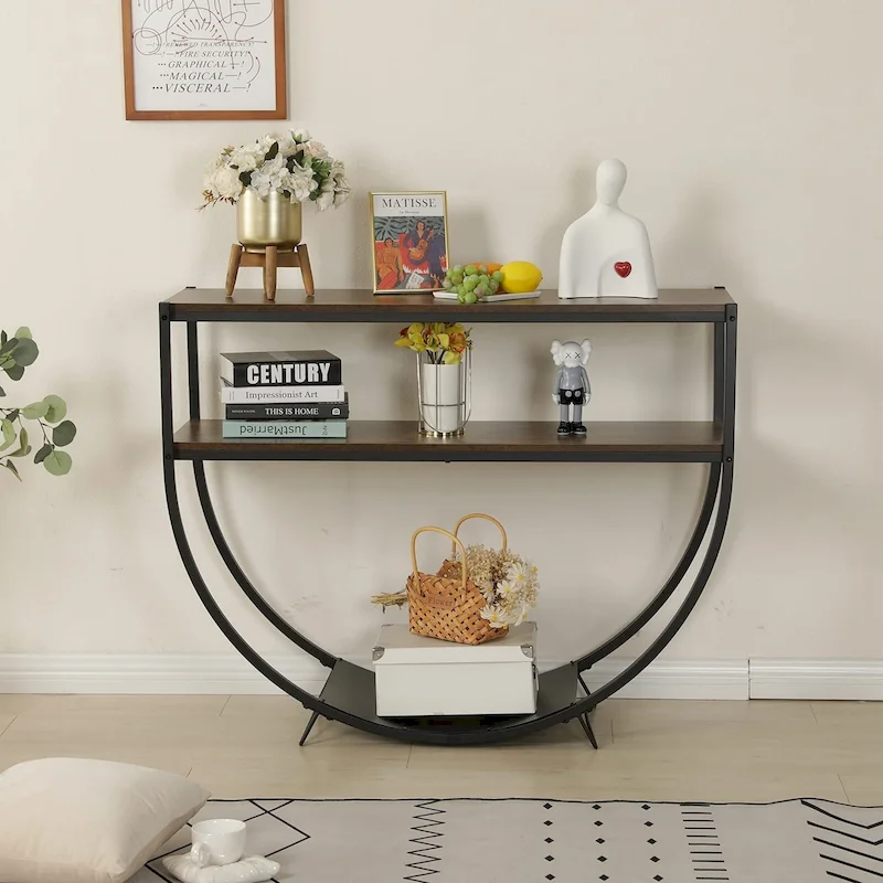 48 3-Tier Console Table Modern Sofa Table with Storage Shelves Arc-Shaped Table - 48