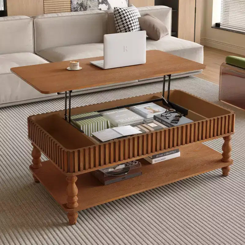 47.24 Vintage Brown Lift Top Coffee Table, Tool-Free Assembly Solid Wood with Fluted Details & Solid Roman Legs, Classic Lift-Top Desk