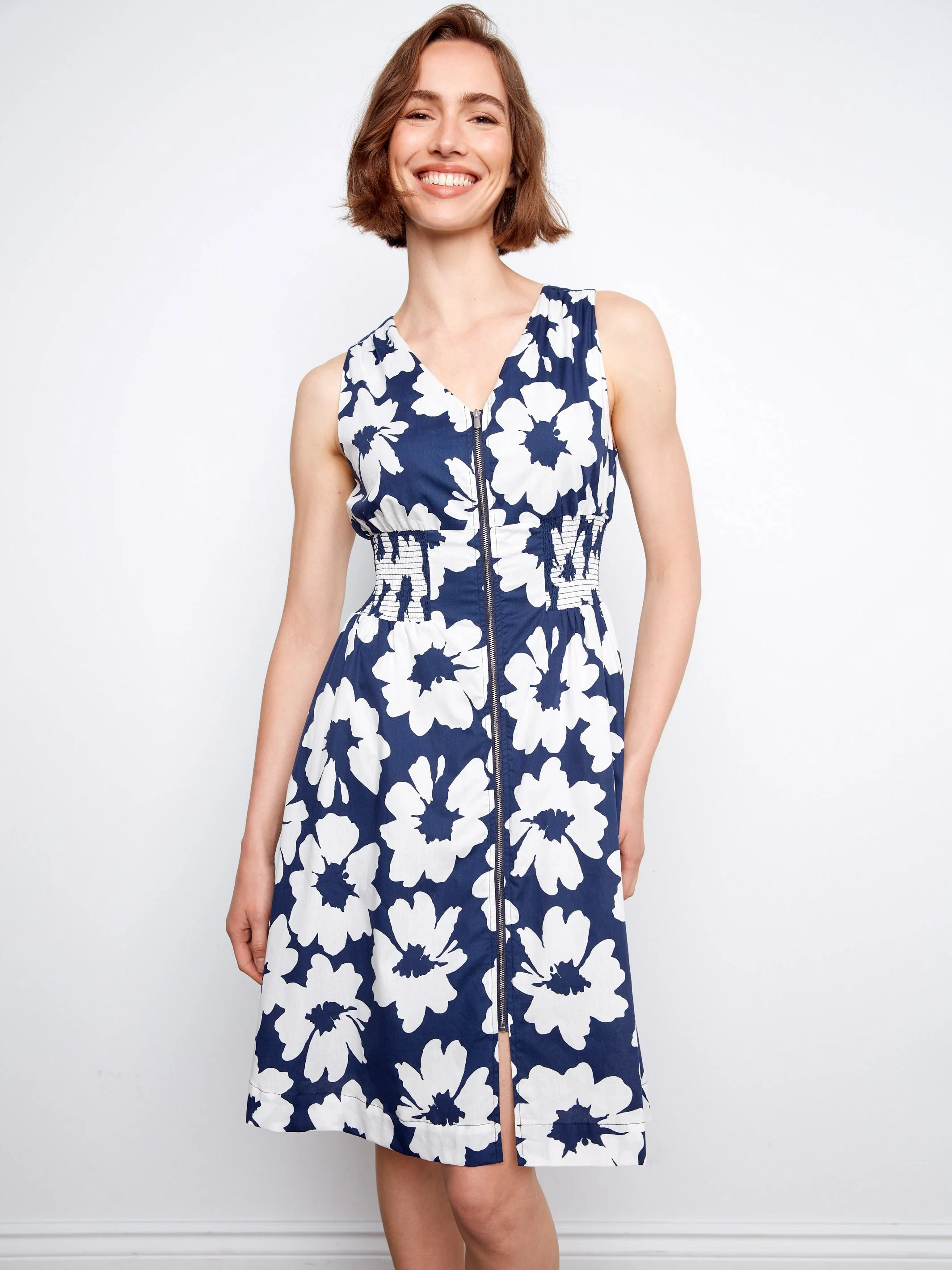 Cotton Voile Printed Front-Zip Dress - Floral Print