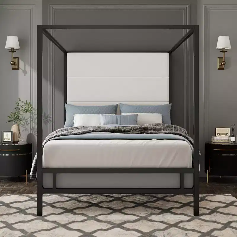 Queen/King Size Canopy Bed Metal 4-Poster Bed Frame with Tall Linen Fabric Upholstered Headboard, Box Spring Needed, Gold+Tan/Black+White-ModernLuxe