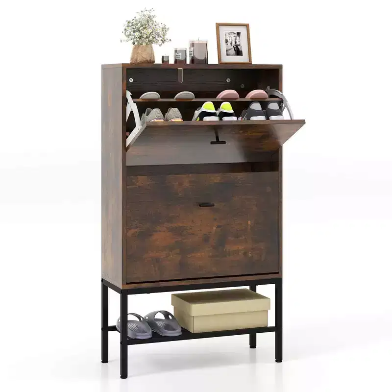Costway Industrial Shoe Storage Cabinet with 2 Flip Drawers 1 Bottom Metal Shelf Organizer