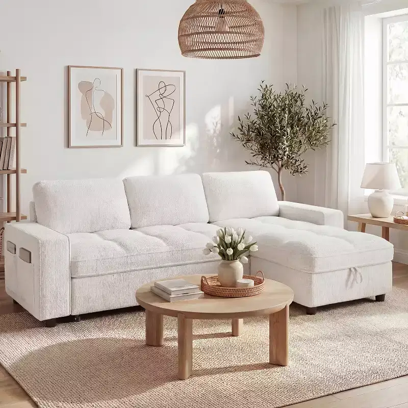 Sleeper Sofa Bed, 81 L-Shaped Pull Out Couch Bed with Reversible Storage Chaise/USB Port/Side Pocket/Tool-Free Assembly Corduroy Beige