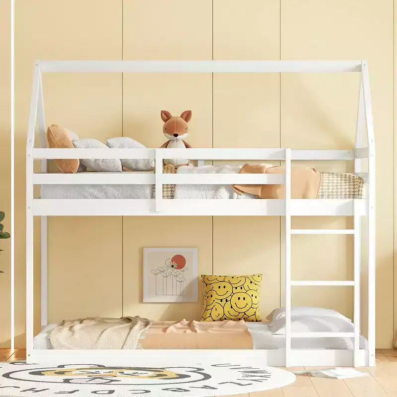 MAYEERTY Twin Rubber Wood Floor BUnk Bed with Ladder, Guardrails, House Shaped Bunk Bed Gray
