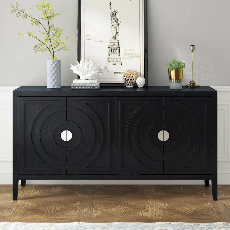 4-Door Sideboard with Circular Groove Design & Round Metal Handles – Black / Gray / Antique Blue / White, Rubber Wood & Acacia