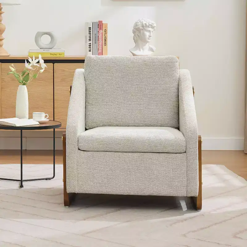 MAYEERTY Chenille Upholstered Armchair, Wooden Side Frame Cushioned Seat, Living Room Bedroom, Beige