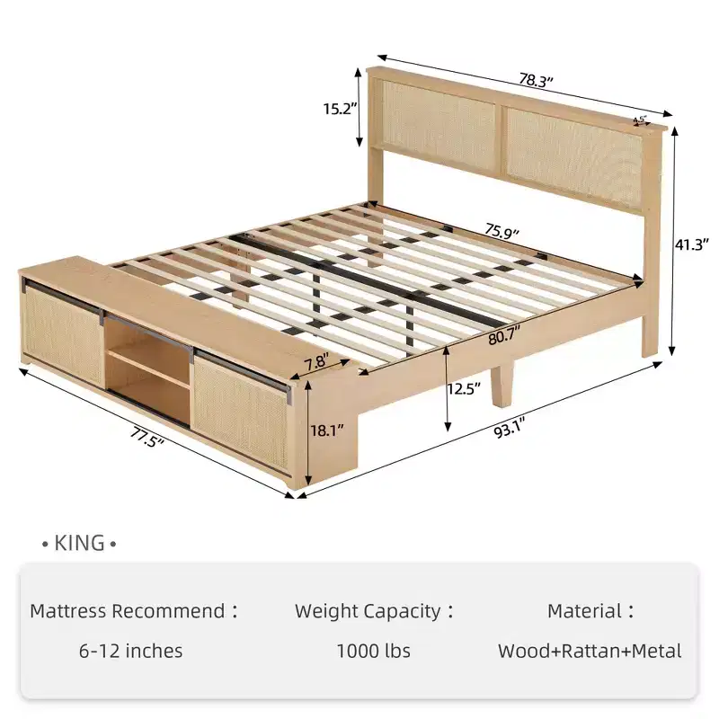Wicker bed frame with sliding barn door storage, bohemian farmhouse style, solid wood legs, no spring mattress required.