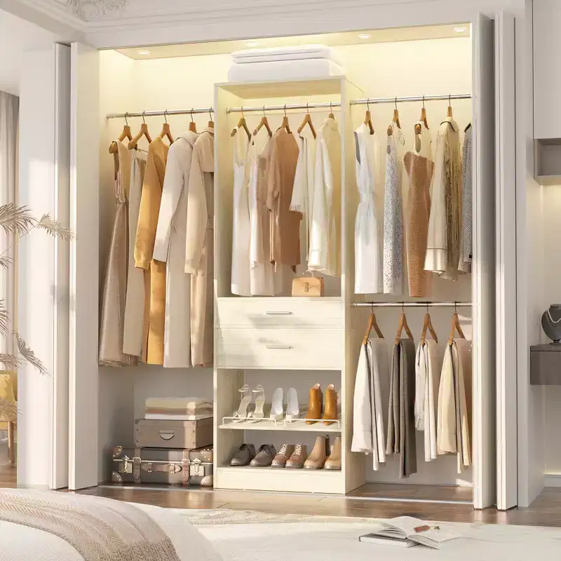 Besiost 8FT Closet Organizer with Extendable Hanging Rod, Wood Closet System with Drawer