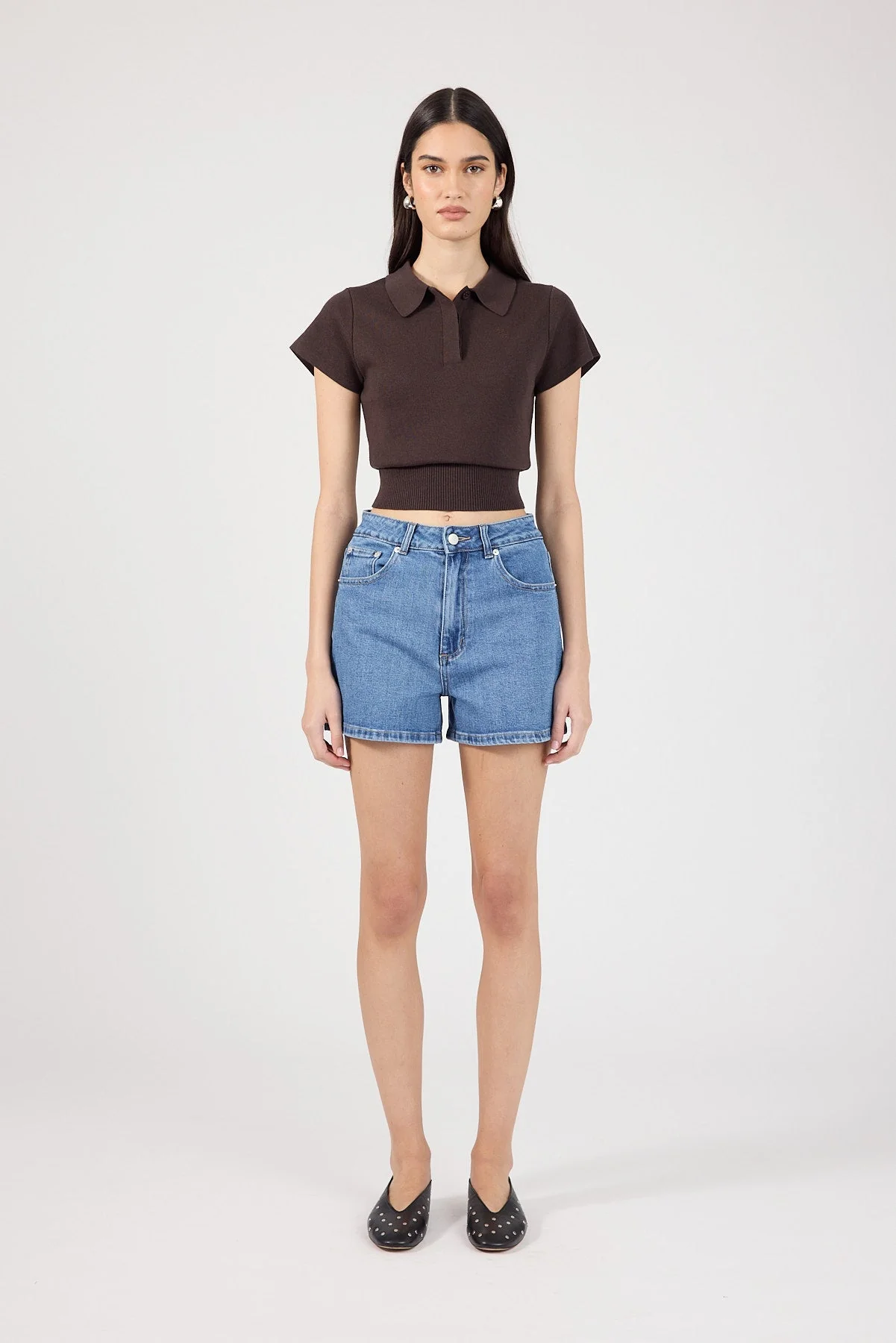 High Rise Denim Shorts Mid Blue Denim
