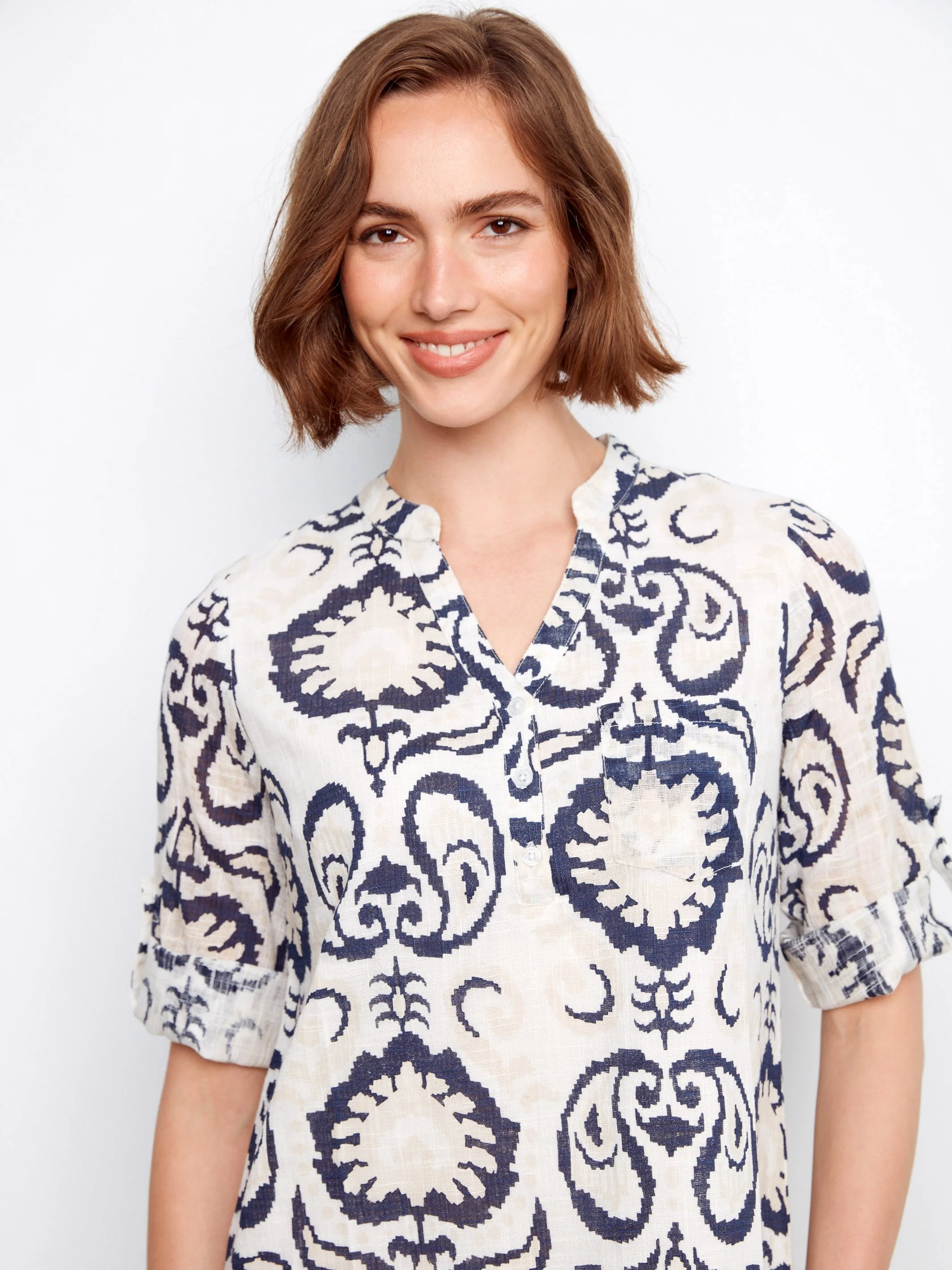 Printed Cotton Blend Henley Shirt Dress - Patterned