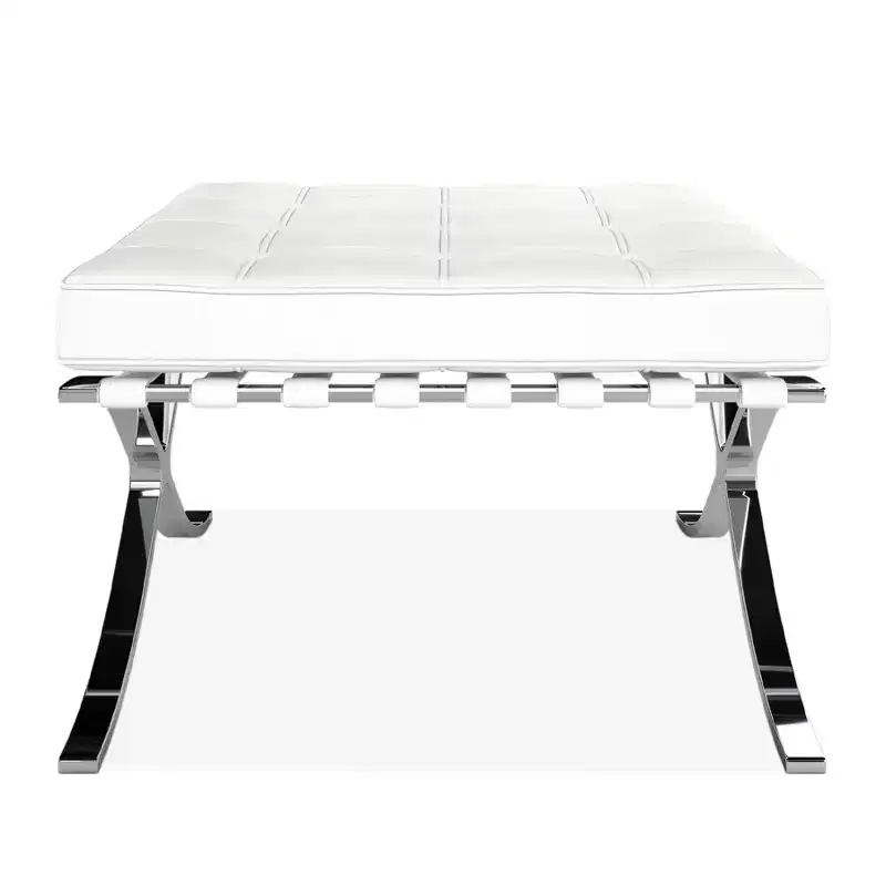 24 White Genuine Leather and Silver Tufted Footstool Ottoman