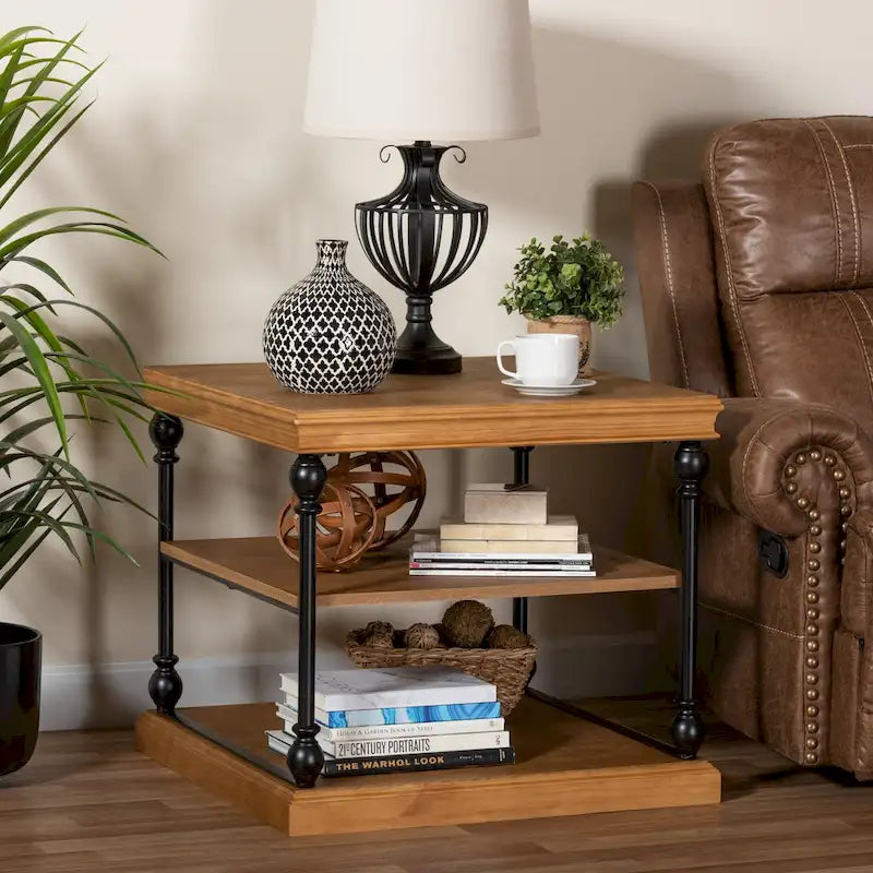 Traditional Industrial Wood and Black Metal 3-Tier End Table