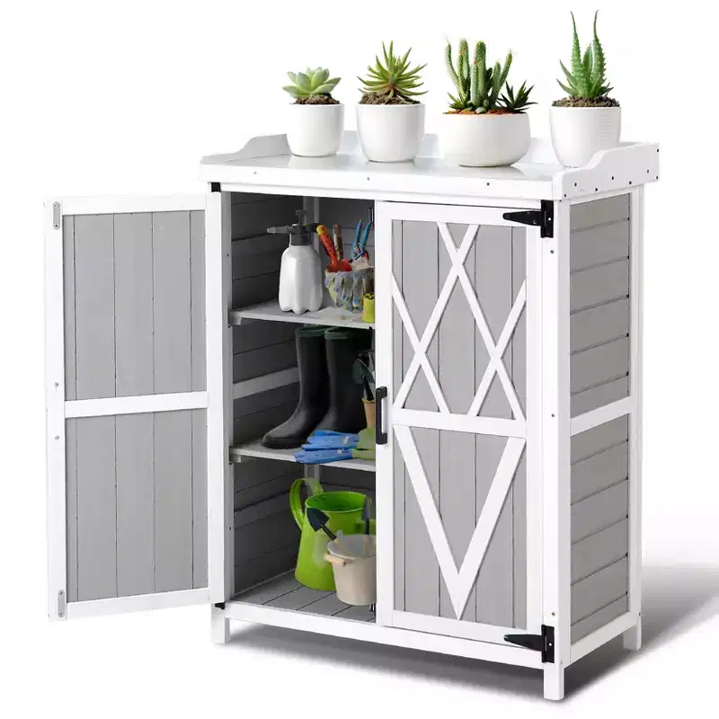 Waterproof storage cabinet, wooden garden workbench with 2 removable shelves, galvanized metal tabletop, suitable for indoor and outdoor use.