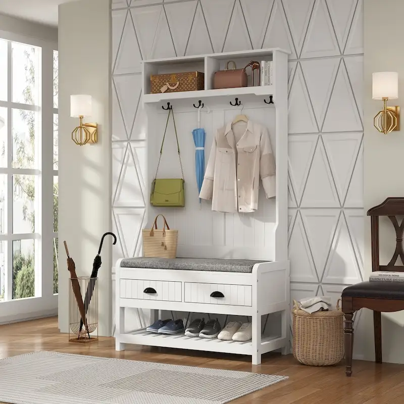Timechee 34.3 Wide Hall Tree with Bench and Shoe Storage